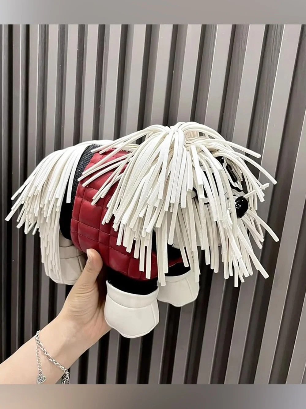 Novelty Fringe Puppy Crossbody Bag in Red and Cream